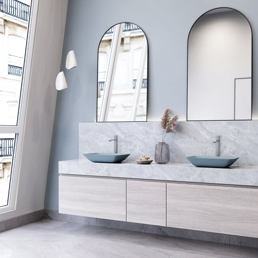 Matte Shell Sottile Glass Rectangular Vessel Bathroom Sink in Blue with Gotham Faucet and Pop-up Drain in Brushed Nickel