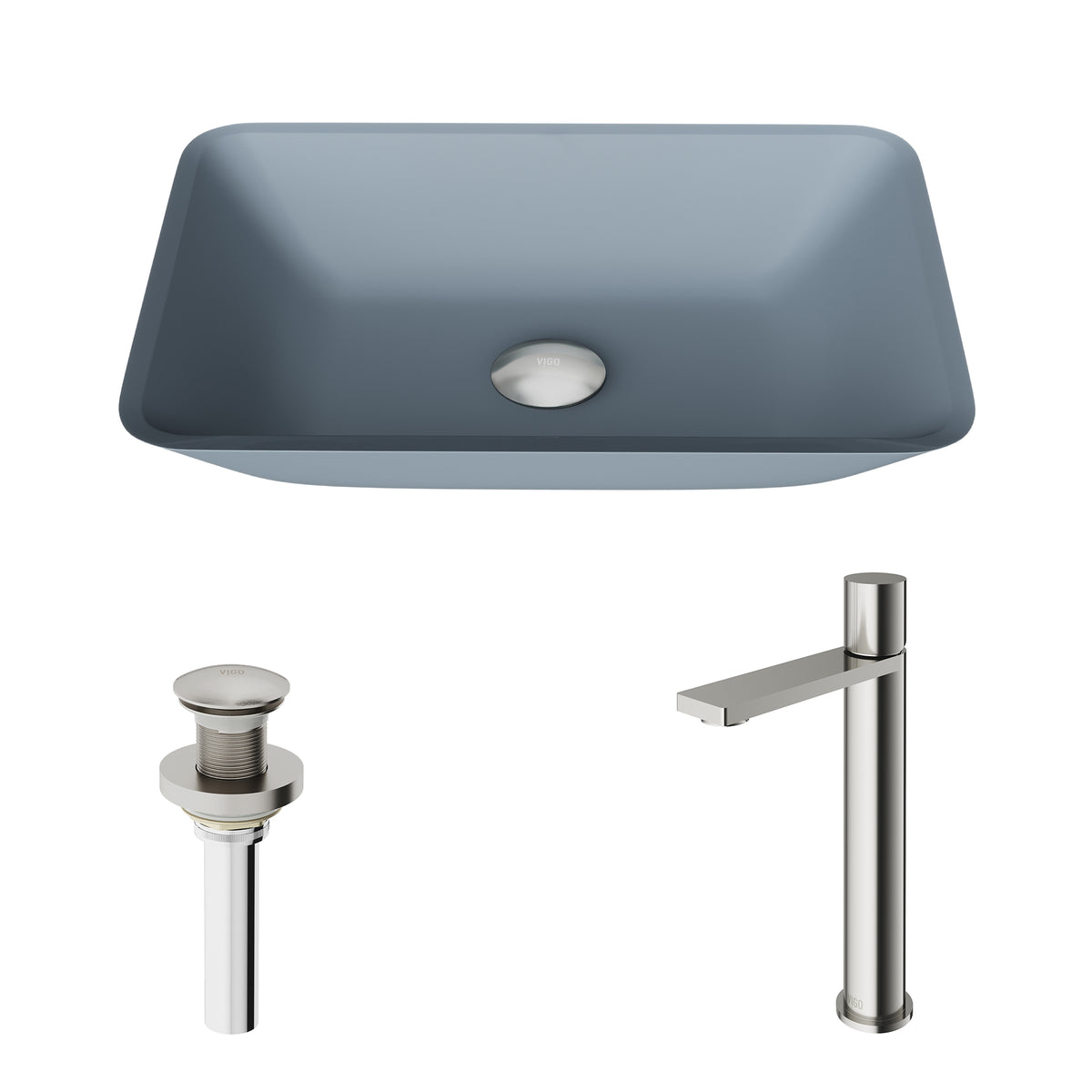 Matte Shell Sottile Glass Rectangular Vessel Bathroom Sink in Blue with Gotham Faucet and Pop-up Drain in Brushed Nickel