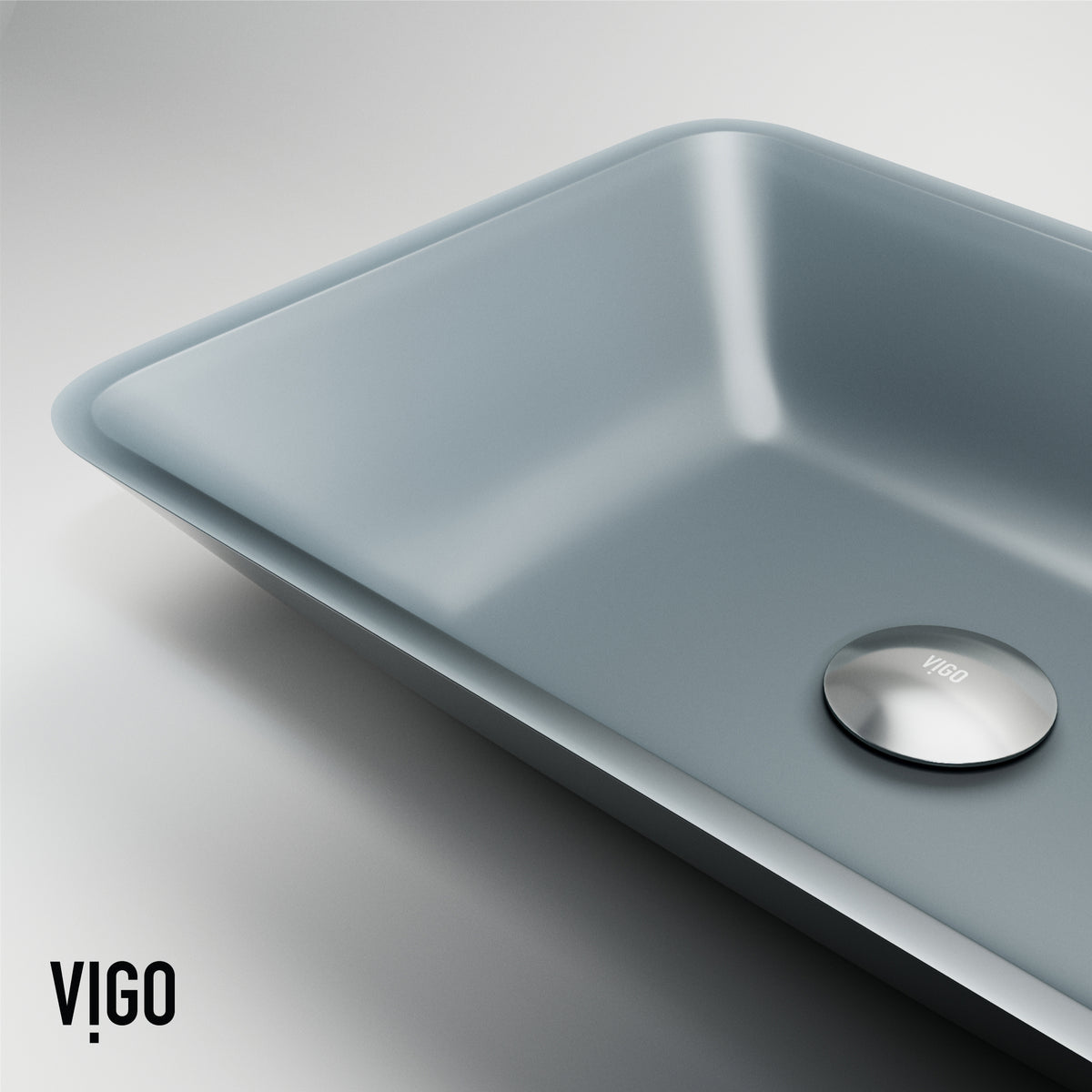 Matte Shell Sottile Glass Rectangular Vessel Bathroom Sink in Blue with Gotham Faucet and Pop-up Drain in Brushed Nickel
