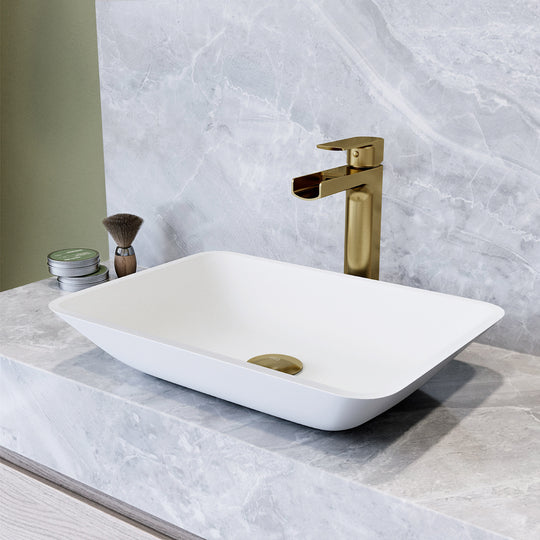 Matte Shell Sottlie Glass Rectangular Vessel Bathroom Sink in White with Amada Faucet and Pop-up Drain in Matte Gold