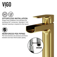 Matte Shell Sottlie Glass Rectangular Vessel Bathroom Sink in White with Amada Faucet and Pop-up Drain in Matte Gold