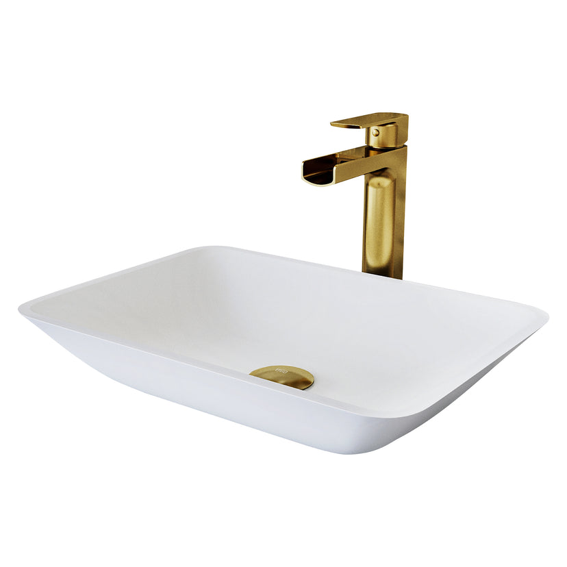 Matte Shell Sottlie Glass Rectangular Vessel Bathroom Sink in White with Amada Faucet and Pop-up Drain in Matte Gold