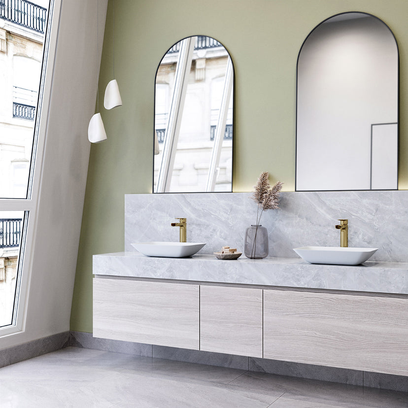 Matte Shell Sottlie Glass Rectangular Vessel Bathroom Sink in White with Amada Faucet and Pop-up Drain in Matte Gold