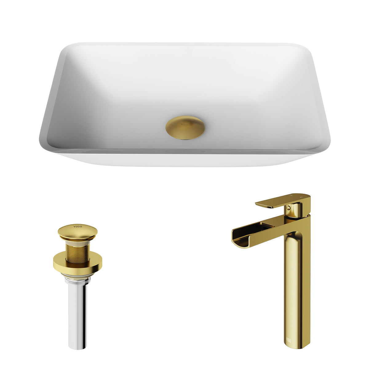 Matte Shell Sottlie Glass Rectangular Vessel Bathroom Sink in White with Amada Faucet and Pop-up Drain in Matte Gold