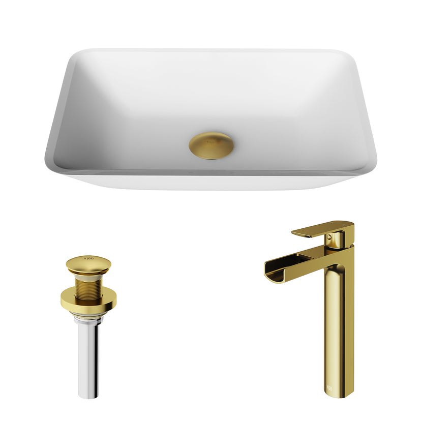 Matte Shell Sottlie Glass Rectangular Vessel Bathroom Sink in White with Amada Faucet and Pop-up Drain in Matte Gold