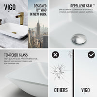 Matte Shell Sottlie Glass Rectangular Vessel Bathroom Sink in White with Amada Faucet and Pop-up Drain in Matte Gold