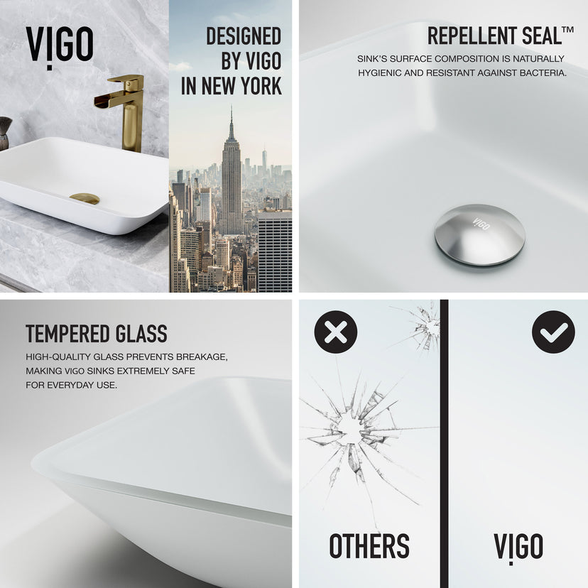 Matte Shell Sottlie Glass Rectangular Vessel Bathroom Sink in White with Amada Faucet and Pop-up Drain in Matte Gold