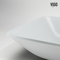 Matte Shell Sottlie Glass Rectangular Vessel Bathroom Sink in White with Amada Faucet and Pop-up Drain in Matte Gold