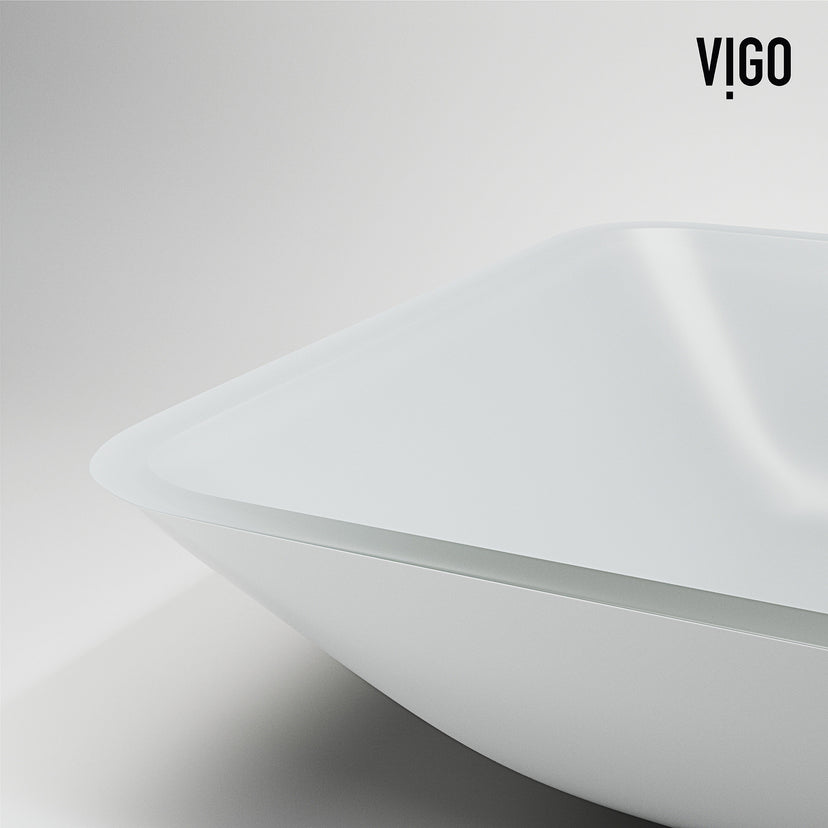 Matte Shell Sottlie Glass Rectangular Vessel Bathroom Sink in White with Amada Faucet and Pop-up Drain in Matte Gold