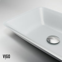 Matte Shell Sottlie Glass Rectangular Vessel Bathroom Sink in White with Amada Faucet and Pop-up Drain in Matte Gold