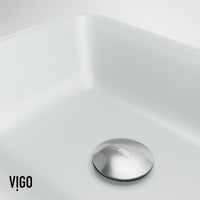 Matte Shell Sottlie Glass Rectangular Vessel Bathroom Sink in White with Amada Faucet and Pop-up Drain in Matte Gold