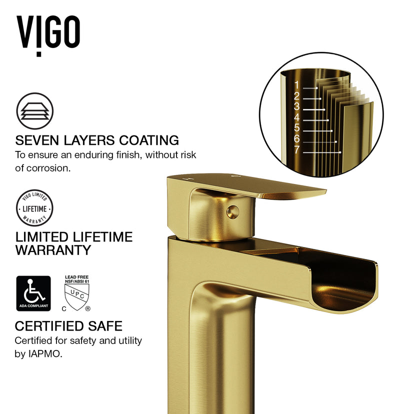Matte Shell Sottlie Glass Rectangular Vessel Bathroom Sink in White with Amada Faucet and Pop-up Drain in Matte Gold