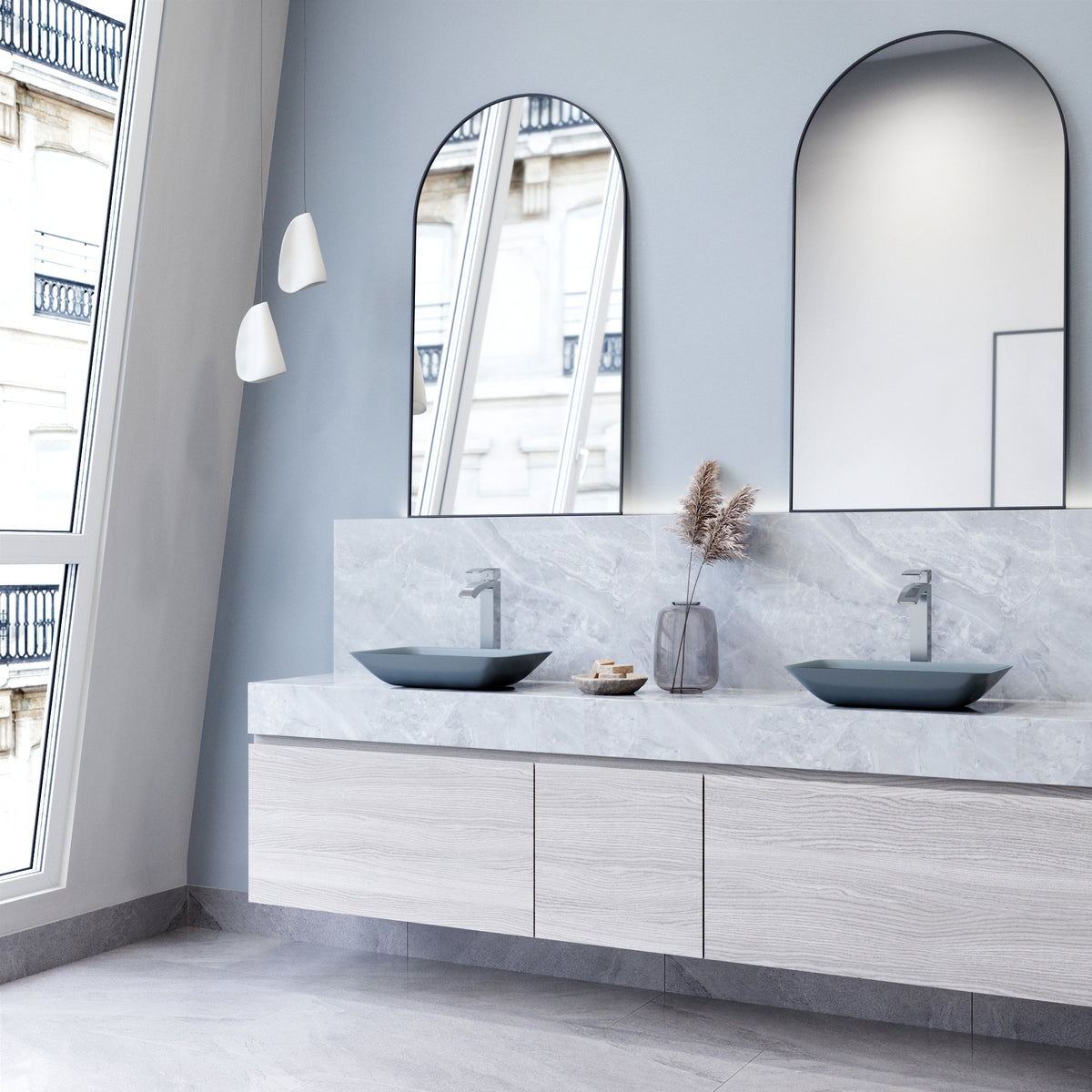 Matte Shell Sottile Glass Rectangular Vessel Bathroom Sink in Blue with Duris Faucet and Pop-up Drain in Chrome