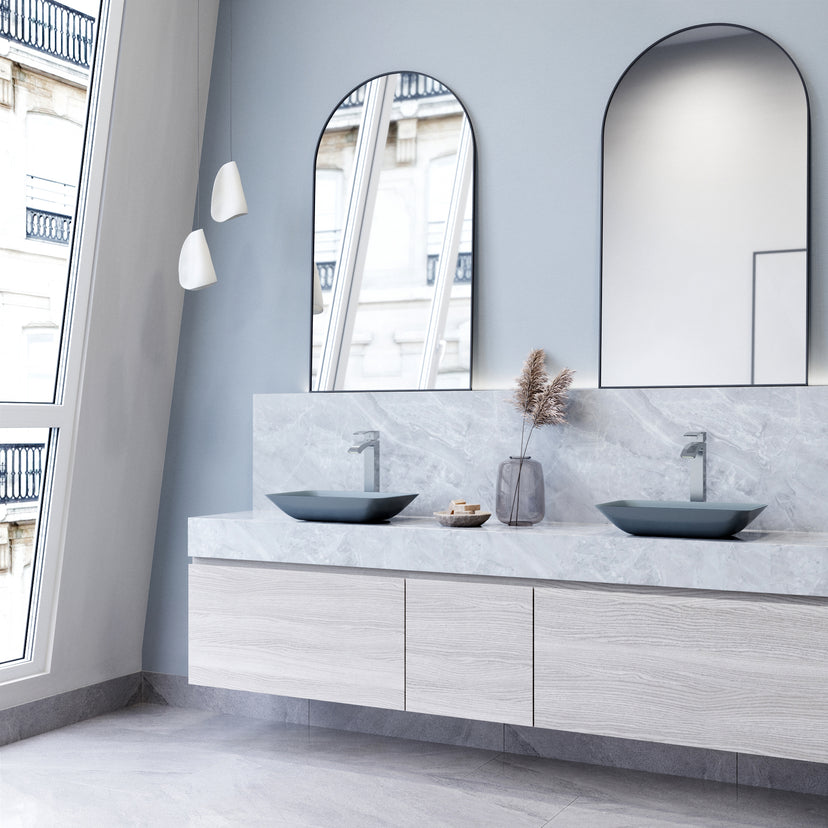 Matte Shell Sottile Glass Rectangular Vessel Bathroom Sink in Blue with Duris Faucet and Pop-up Drain in Chrome