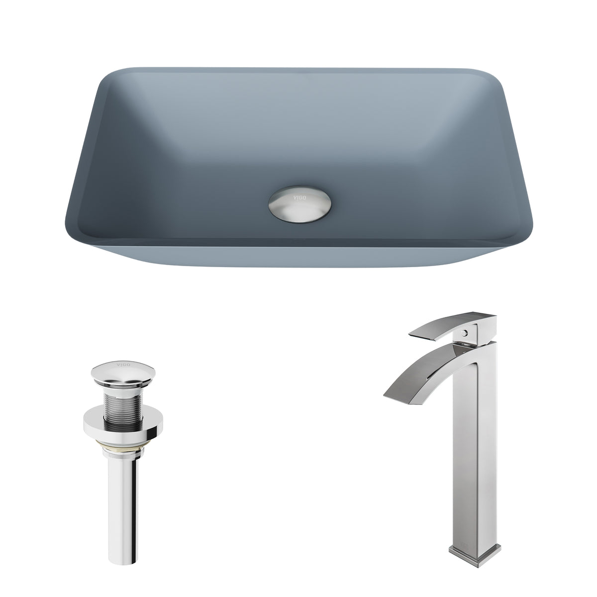 Matte Shell Sottile Glass Rectangular Vessel Bathroom Sink in Blue with Duris Faucet and Pop-up Drain in Chrome