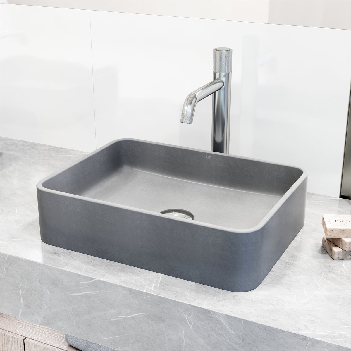 Concreto Stone Rectangular Bathroom Sink With Vessel Faucet in Chrome