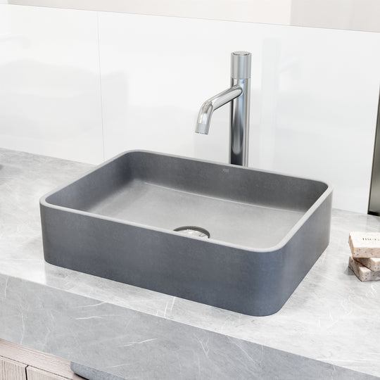 Concreto Stone Rectangular Bathroom Sink With Vessel Faucet in Chrome