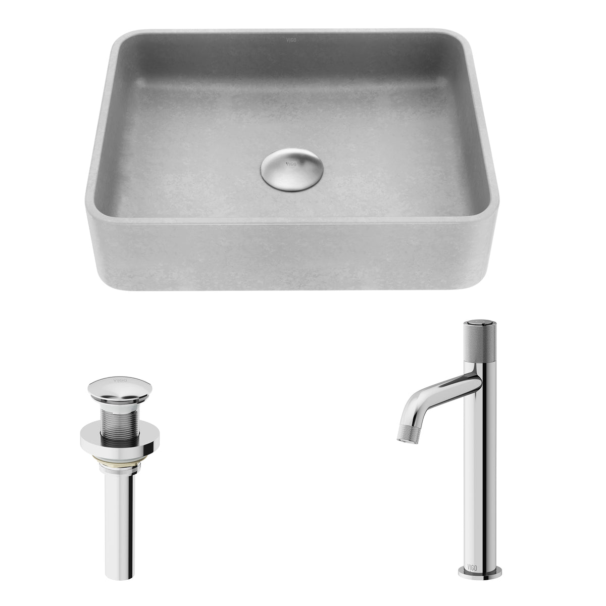 Concreto Stone Rectangular Bathroom Sink With Vessel Faucet in Chrome