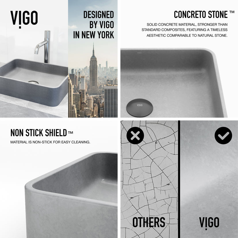 Concreto Stone Rectangular Bathroom Sink With Vessel Faucet in Chrome