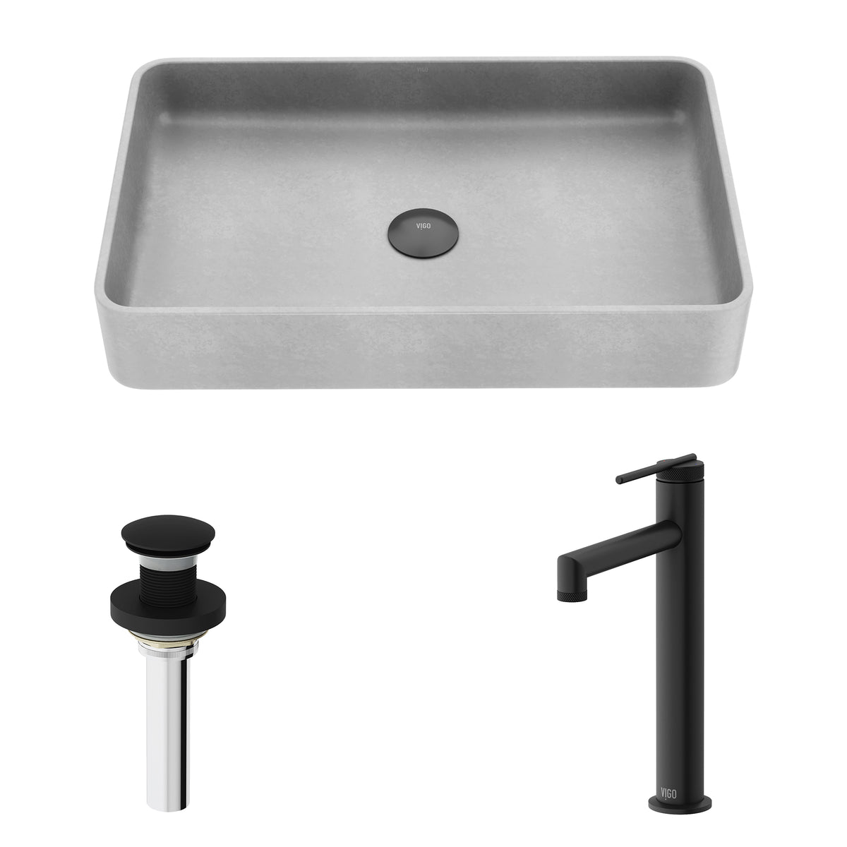 Concreto Stone Rectangular Bathroom Sink With Vessel Faucet in Matte Black