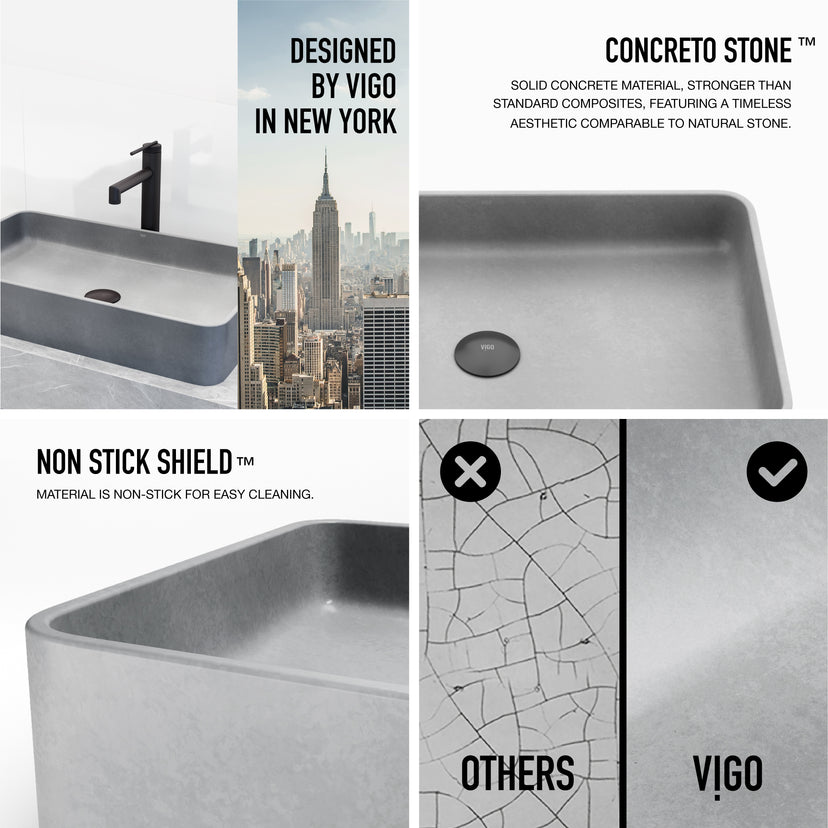 Concreto Stone Rectangular Bathroom Sink With Vessel Faucet in Matte Black