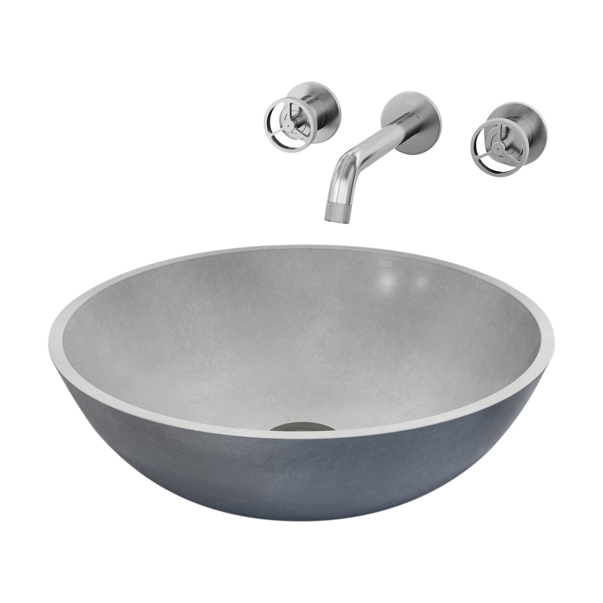 Concreto Stone Round Bathroom Sink With Wall Mount Faucet in Brushed Nickel
