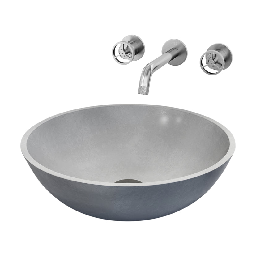 Concreto Stone Round Bathroom Sink With Wall Mount Faucet in Brushed Nickel
