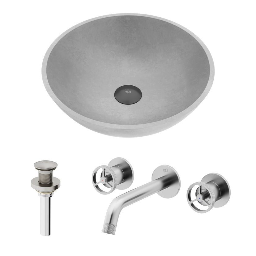 Concreto Stone Round Bathroom Sink With Wall Mount Faucet in Brushed Nickel