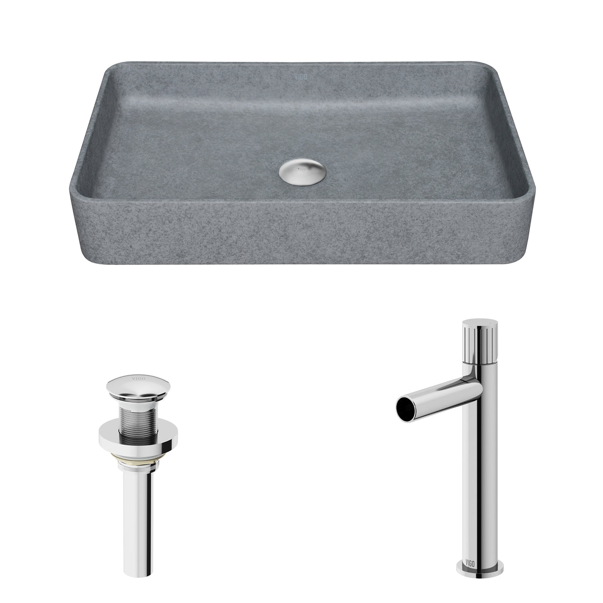 Concreto Stone Rectangular Bathroom Sink With Vessel Faucet in Chrome