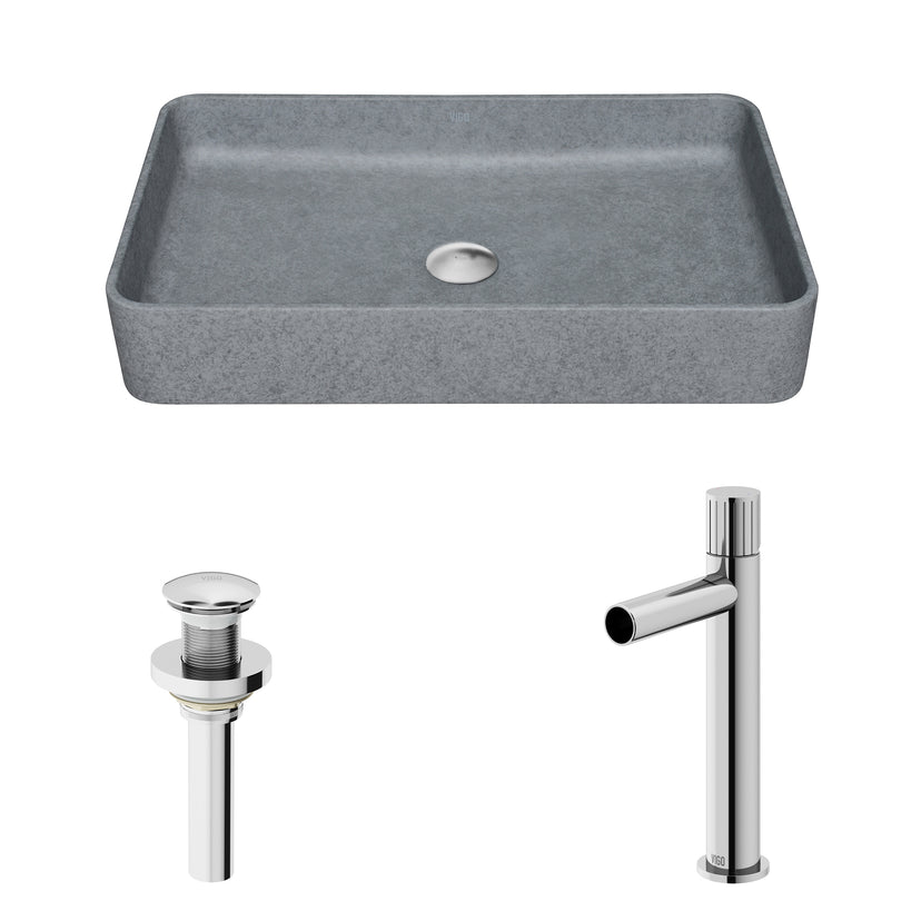 Concreto Stone Rectangular Bathroom Sink With Vessel Faucet in Chrome