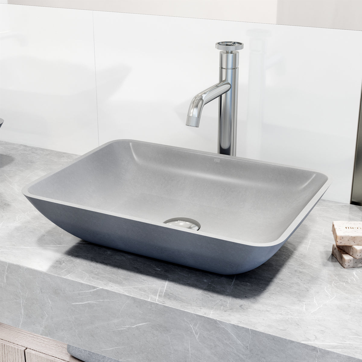 Concreto Stone Rectangular Bathroom Sink With Vessel Faucet in Chrome