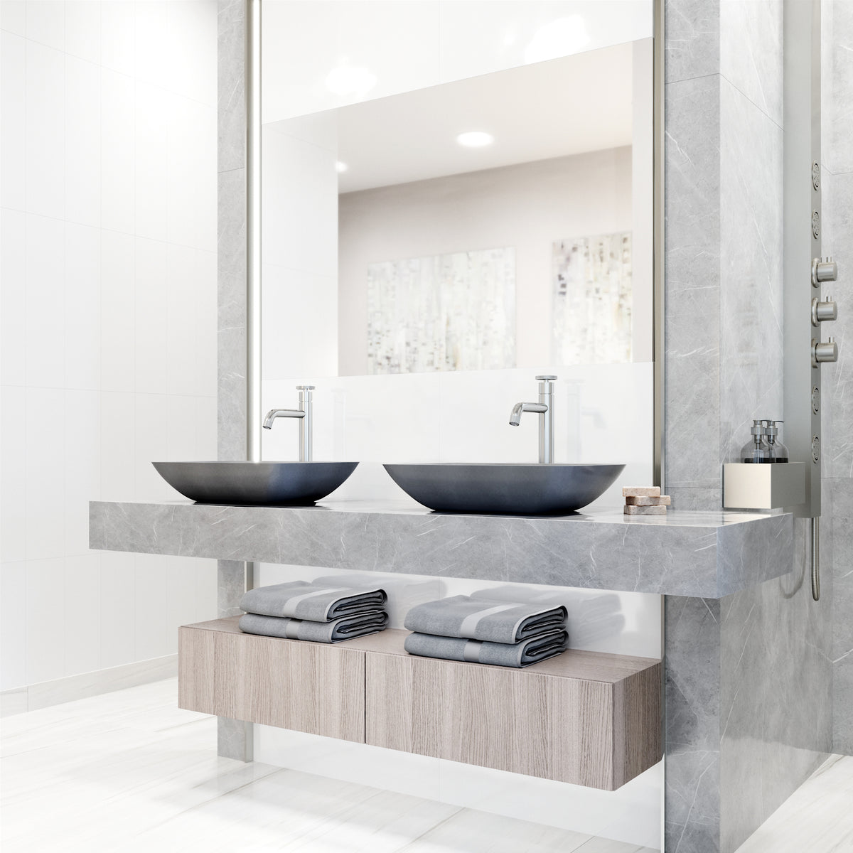 Concreto Stone Rectangular Bathroom Sink With Vessel Faucet in Chrome