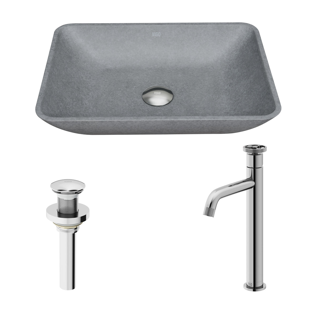 Concreto Stone Rectangular Bathroom Sink With Vessel Faucet in Chrome