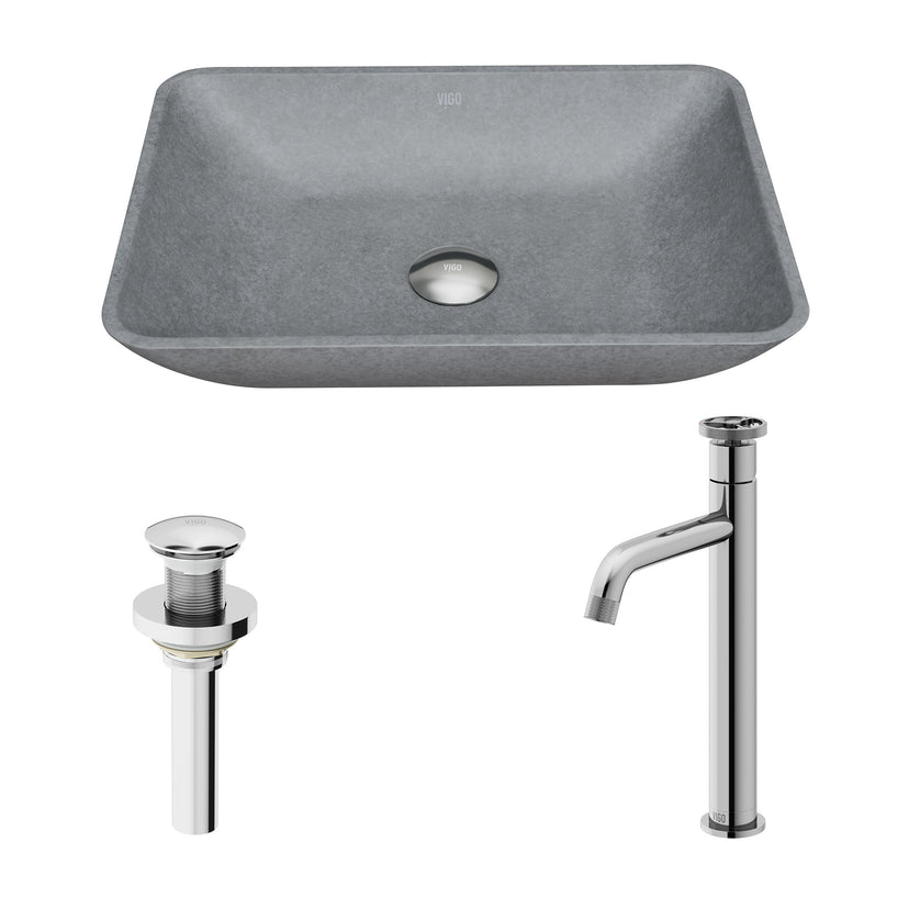 Concreto Stone Rectangular Bathroom Sink With Vessel Faucet in Chrome