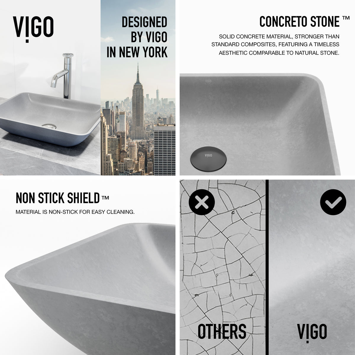 Concreto Stone Rectangular Bathroom Sink With Vessel Faucet in Chrome