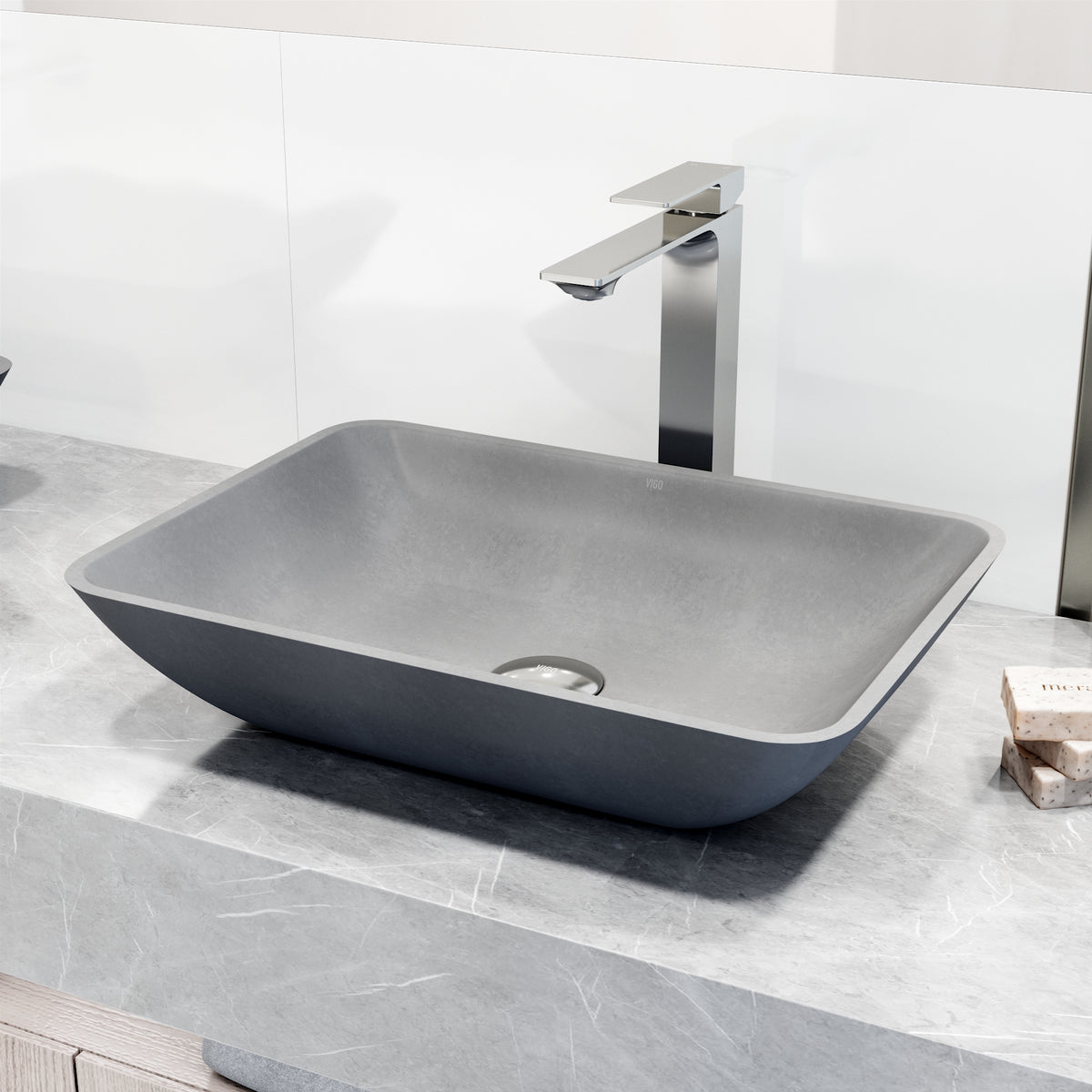 Concreto Stone Rectangular Vessel Bathroom Sink and Vessel Faucet in Chrome