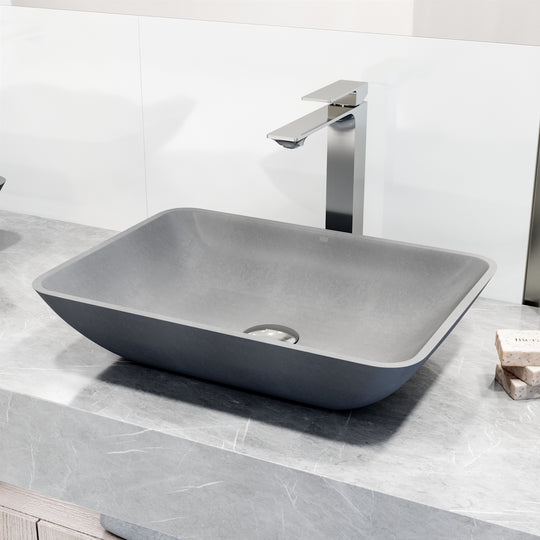 Concreto Stone Rectangular Vessel Bathroom Sink and Vessel Faucet in Chrome