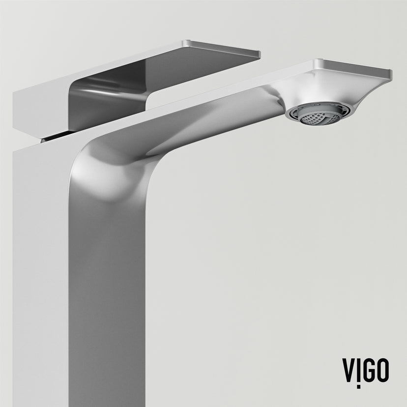 Concreto Stone Rectangular Vessel Bathroom Sink and Vessel Faucet in Chrome