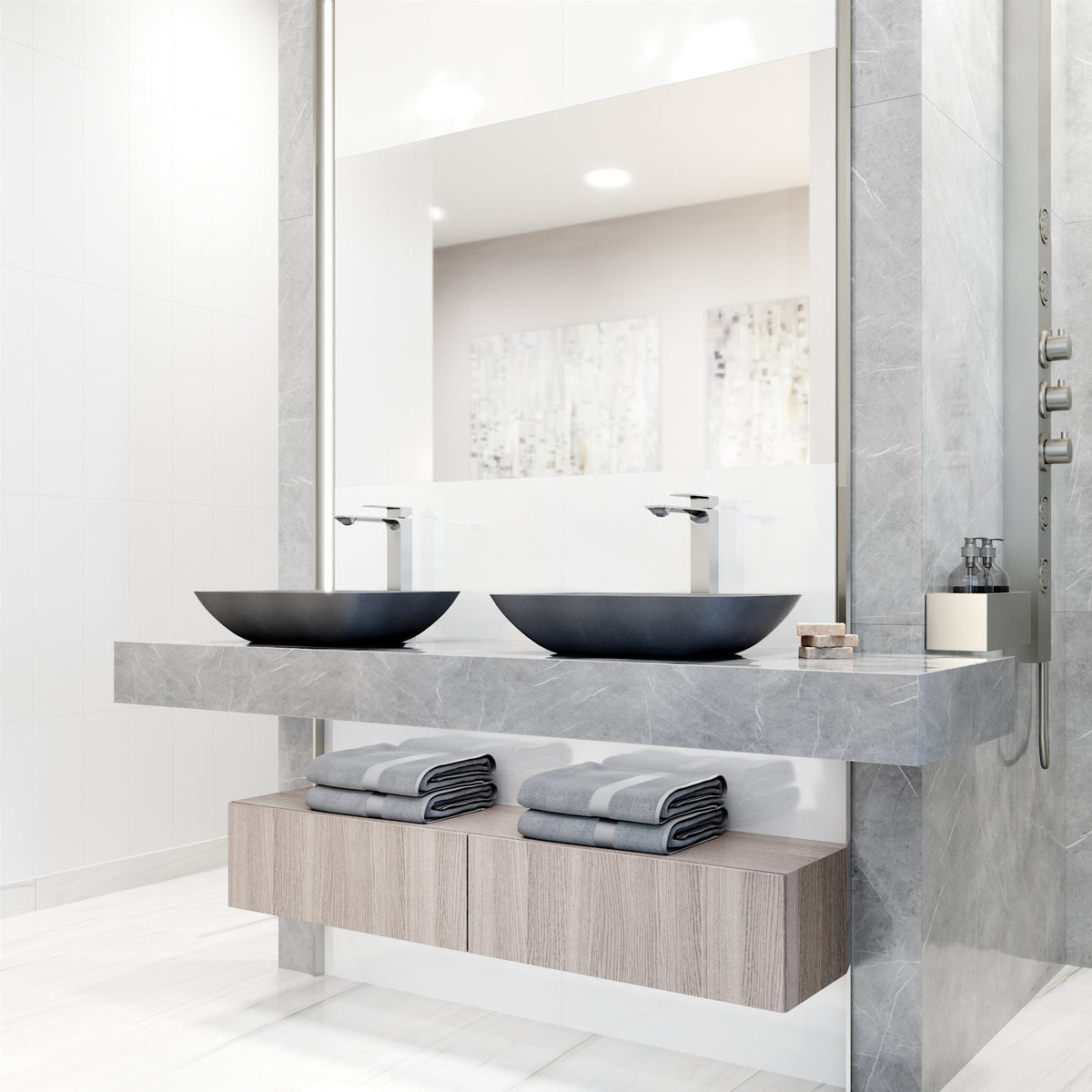 Concreto Stone Rectangular Vessel Bathroom Sink and Vessel Faucet in Chrome