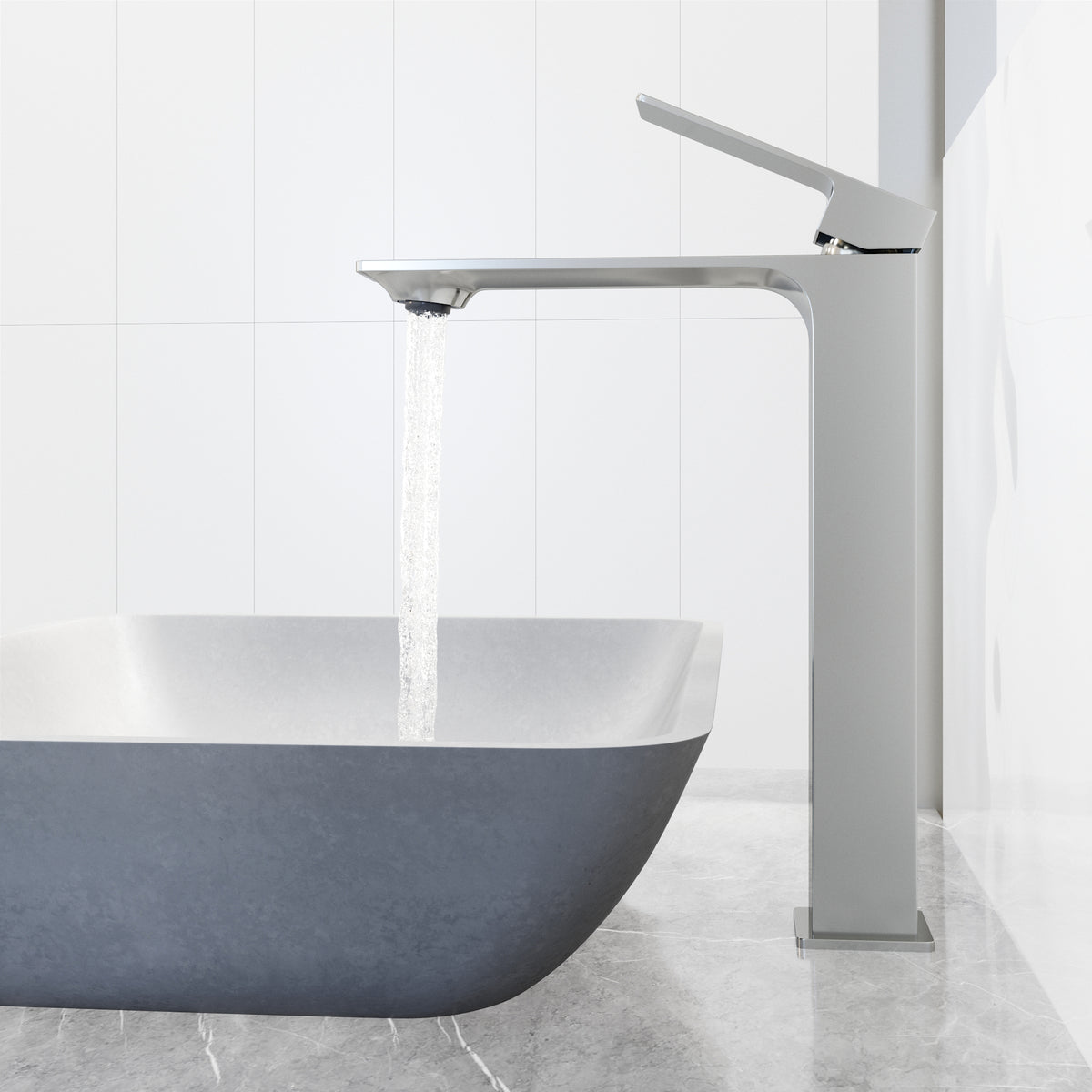 Concreto Stone Rectangular Vessel Bathroom Sink and Vessel Faucet in Chrome