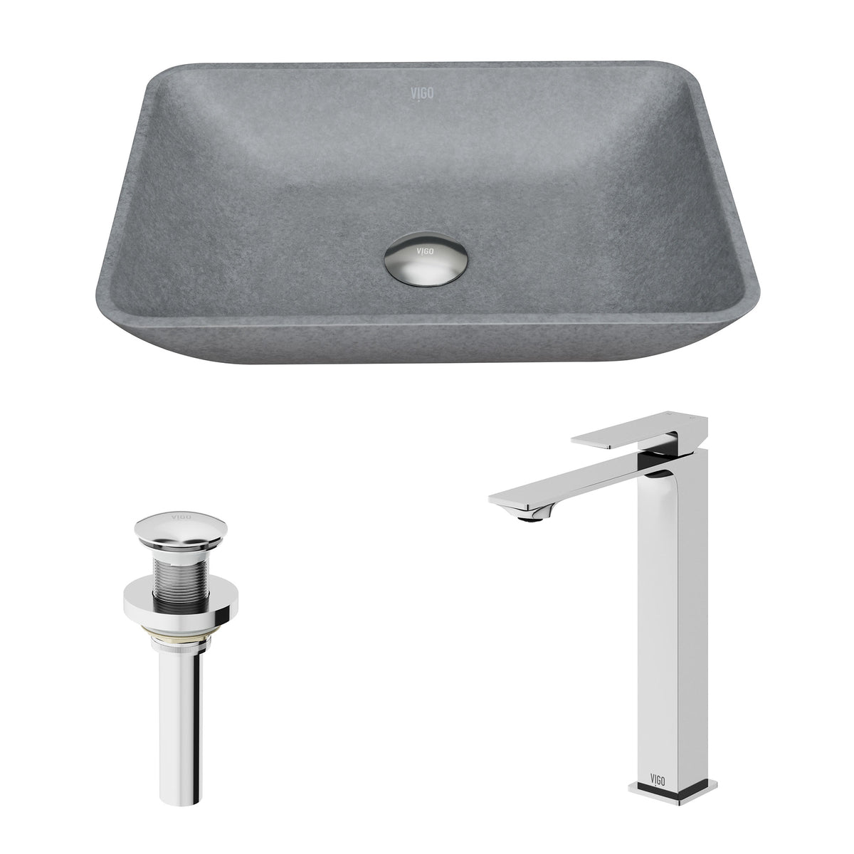 Concreto Stone Rectangular Vessel Bathroom Sink and Vessel Faucet in Chrome