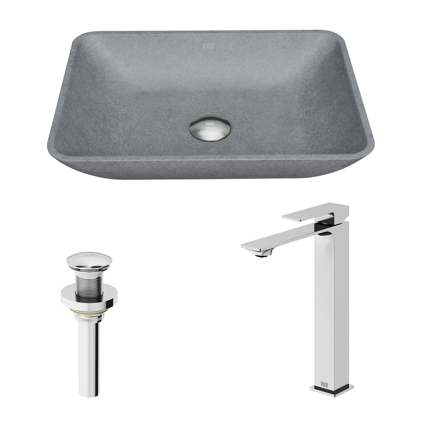 Concreto Stone Rectangular Vessel Bathroom Sink and Vessel Faucet in Chrome