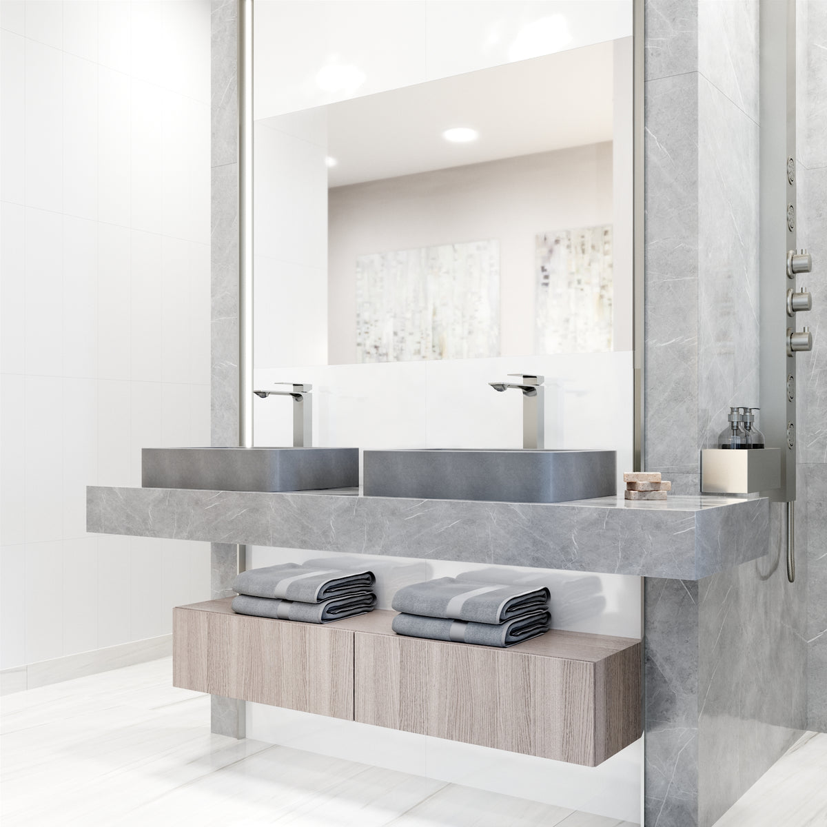 Concreto Stone Rectangular Vessel Bathroom Sink and Faucet in Brushed Nickel