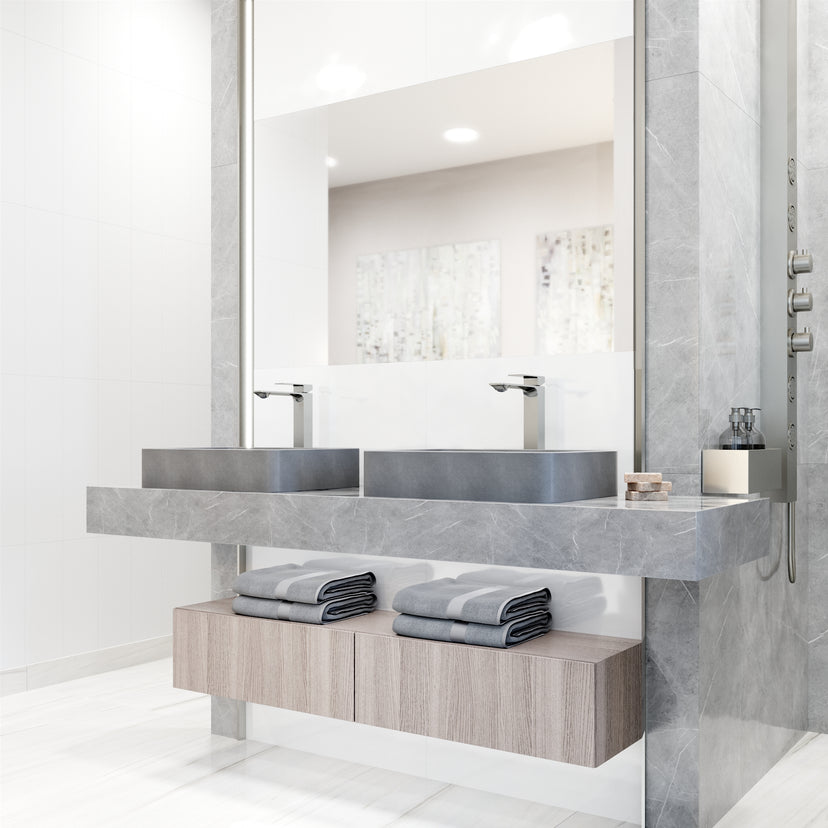 Concreto Stone Rectangular Vessel Bathroom Sink and Faucet in Brushed Nickel