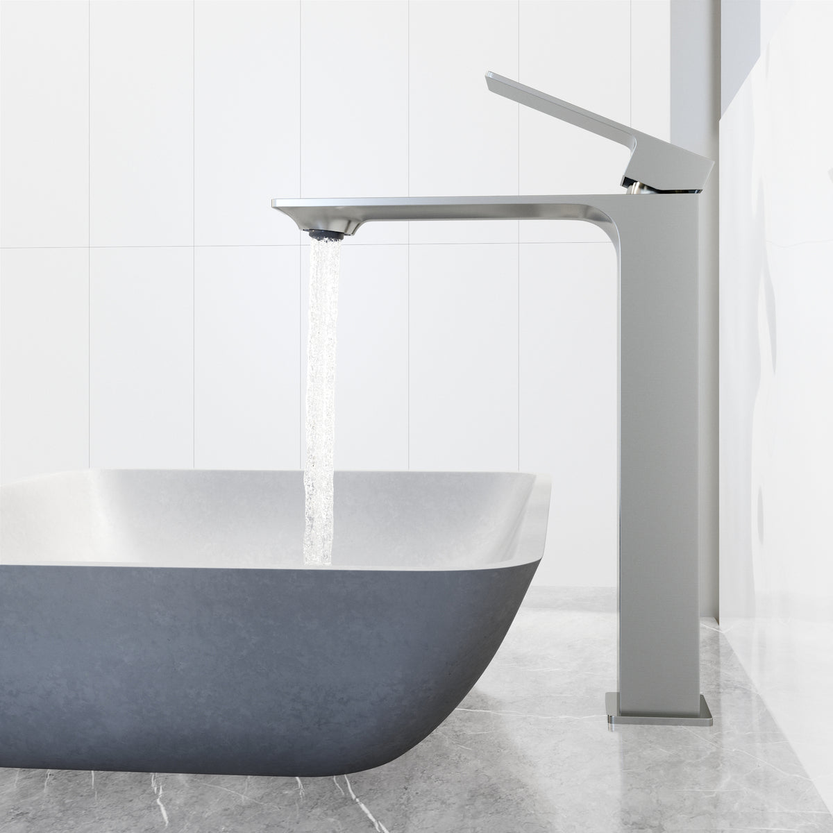 Concreto Stone Rectangular Vessel Bathroom Sink and Faucet in Brushed Nickel