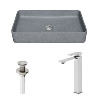 Concreto Stone Rectangular Vessel Bathroom Sink and Faucet in Brushed Nickel