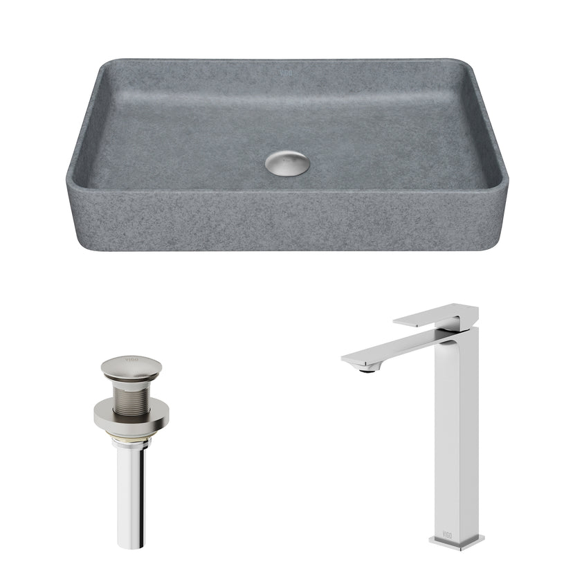 Concreto Stone Rectangular Vessel Bathroom Sink and Faucet in Brushed Nickel