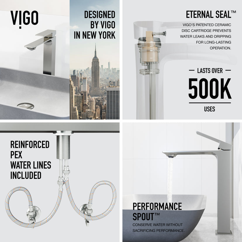 Concreto Stone Rectangular Vessel Bathroom Sink and Faucet in Brushed Nickel