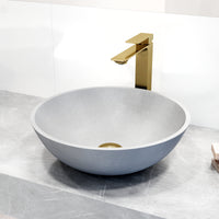 Concreto Stone Round Vessel Bathroom Sink and Faucet in Matte Brushed Gold