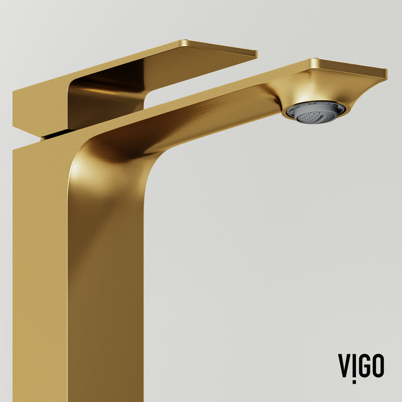 Concreto Stone Round Vessel Bathroom Sink and Faucet in Matte Brushed Gold